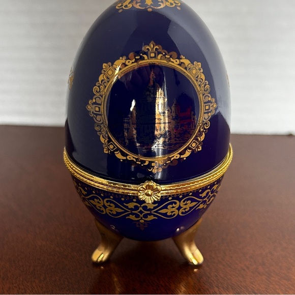 Russion AKM Porcelain Cobalt Blue Gold Egg Shaped Trinket Box Saint Petersburg - Picture 13 of 13
